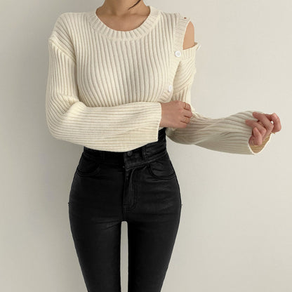 Stripe Button Strapless Splicing Knit Sweater