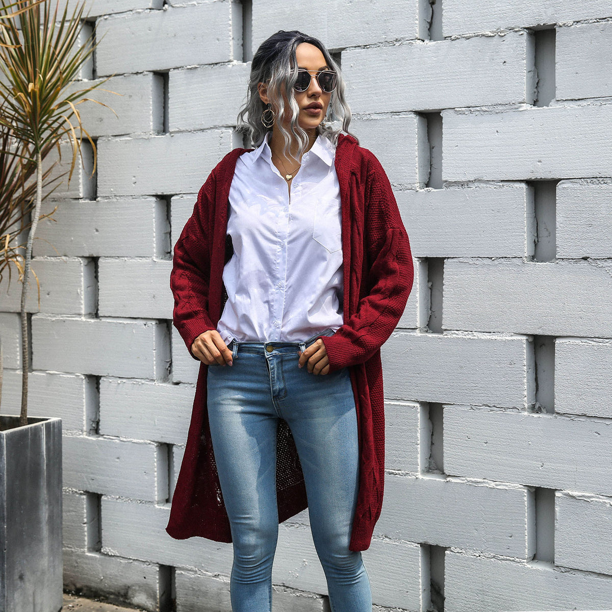 Knit V-neck Argyle Pattern Hooded Cardigans