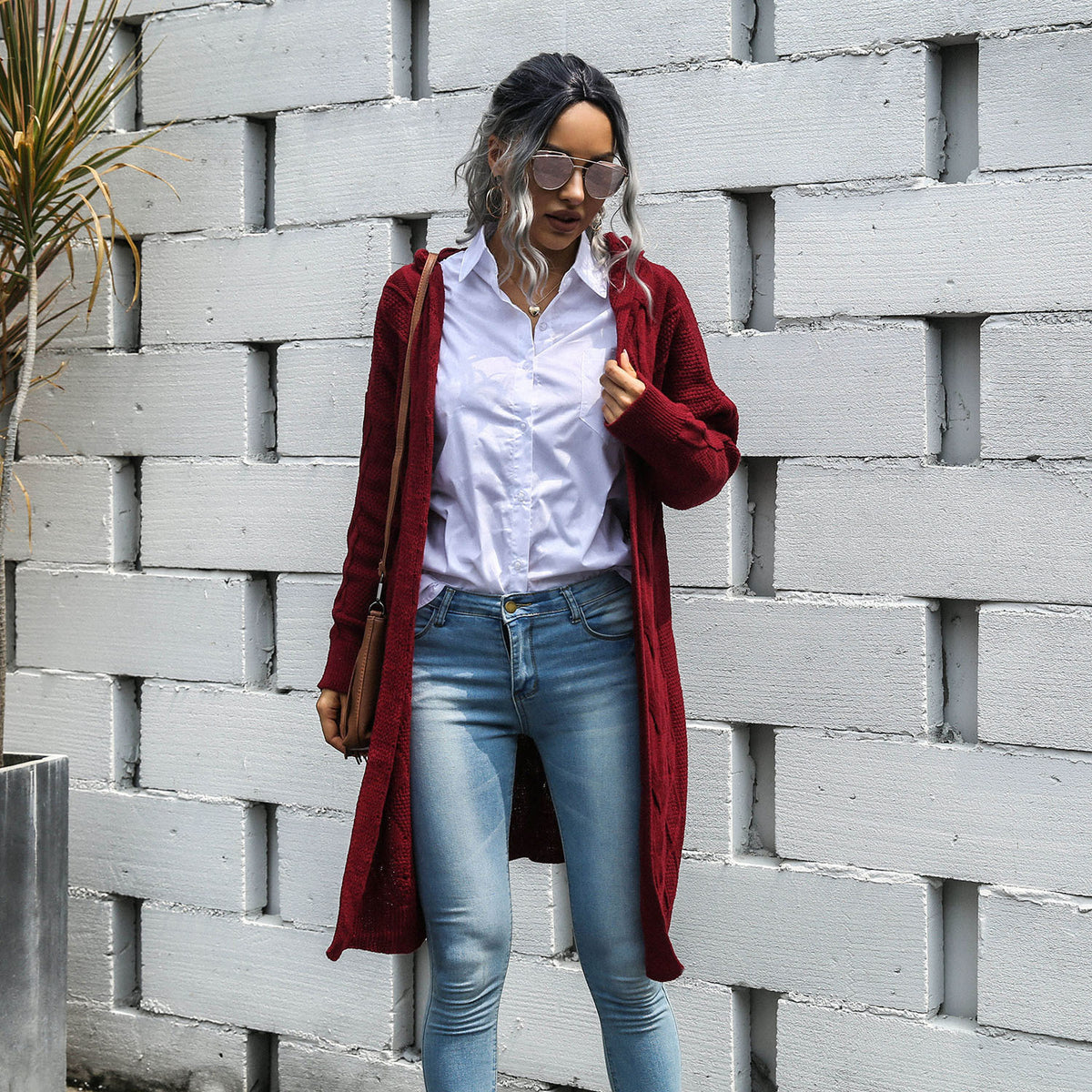 Knit V-neck Argyle Pattern Hooded Cardigans