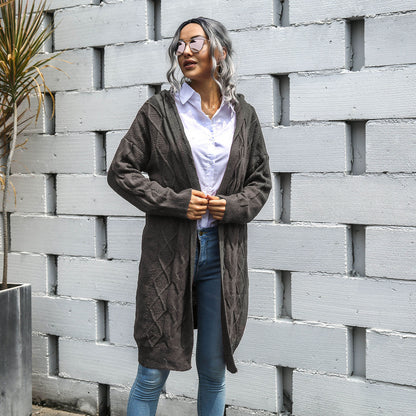 Knit V-neck Argyle Pattern Hooded Cardigans