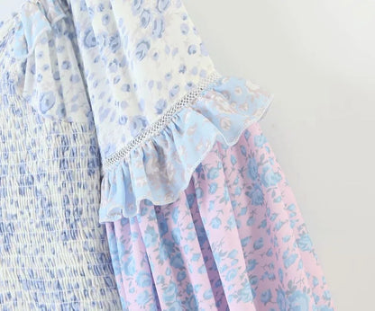Ruffled Lantern Sleeve Splicing Backless Mini Floral Dresses