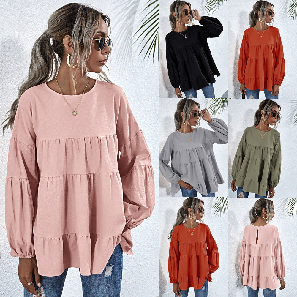 Round Neck Lantern Elastic Bubble Sleeve Blouses