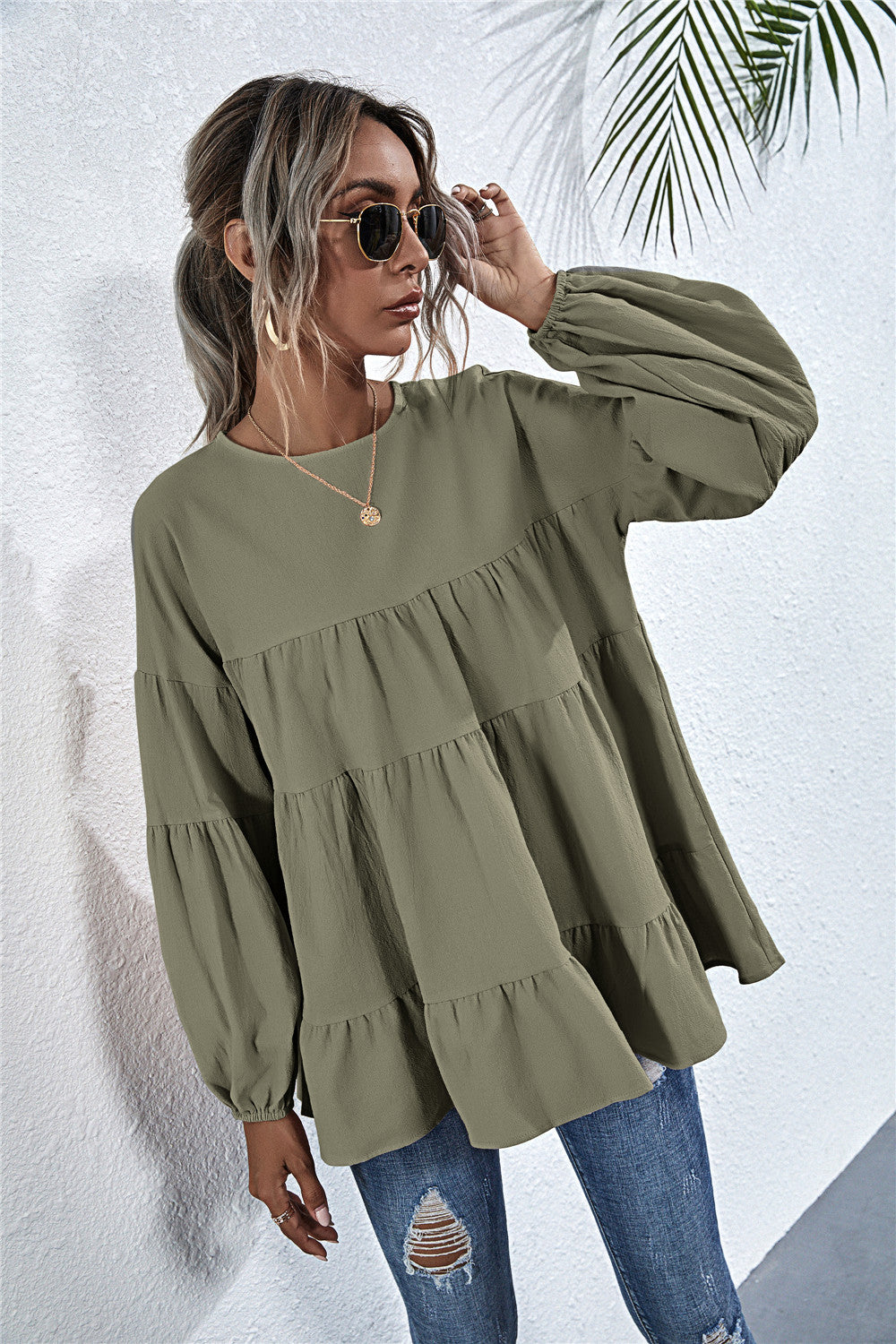 Round Neck Lantern Elastic Bubble Sleeve Blouses
