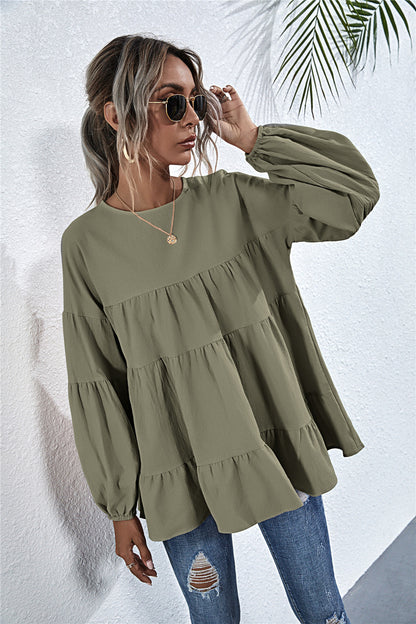Round Neck Lantern Elastic Bubble Sleeve Blouses