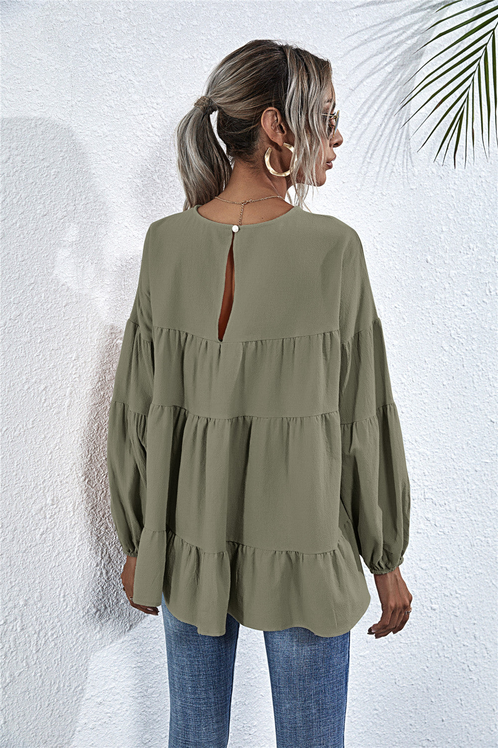 Round Neck Lantern Elastic Bubble Sleeve Blouses