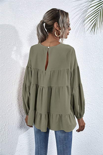 Round Neck Lantern Elastic Bubble Sleeve Blouses