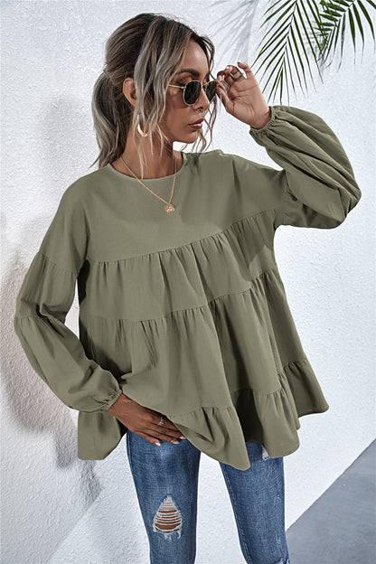 Round Neck Lantern Elastic Bubble Sleeve Blouses