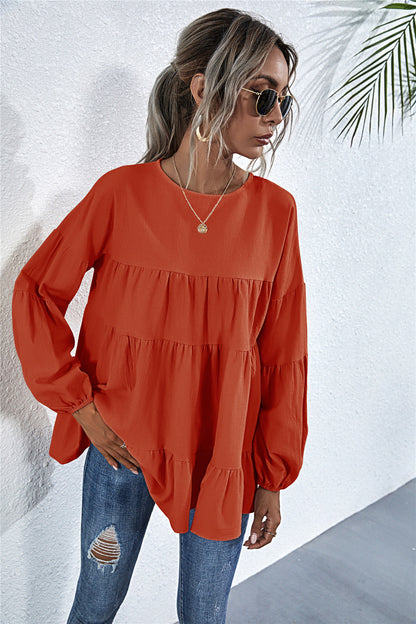 Round Neck Lantern Elastic Bubble Sleeve Blouses