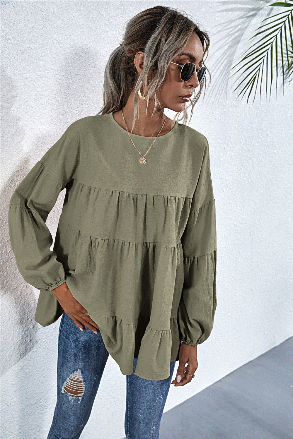 Round Neck Lantern Elastic Bubble Sleeve Blouses