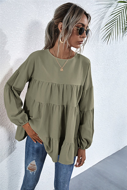 Round Neck Lantern Elastic Bubble Sleeve Blouses