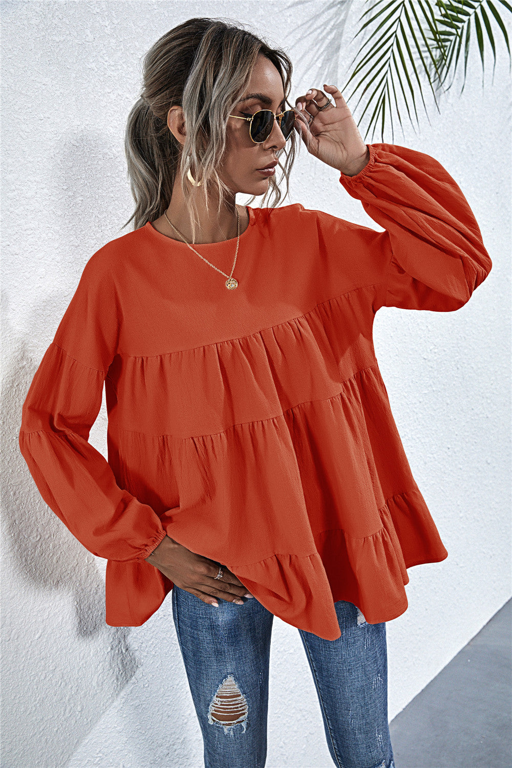 Round Neck Lantern Elastic Bubble Sleeve Blouses