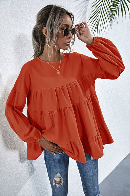 Round Neck Lantern Elastic Bubble Sleeve Blouses