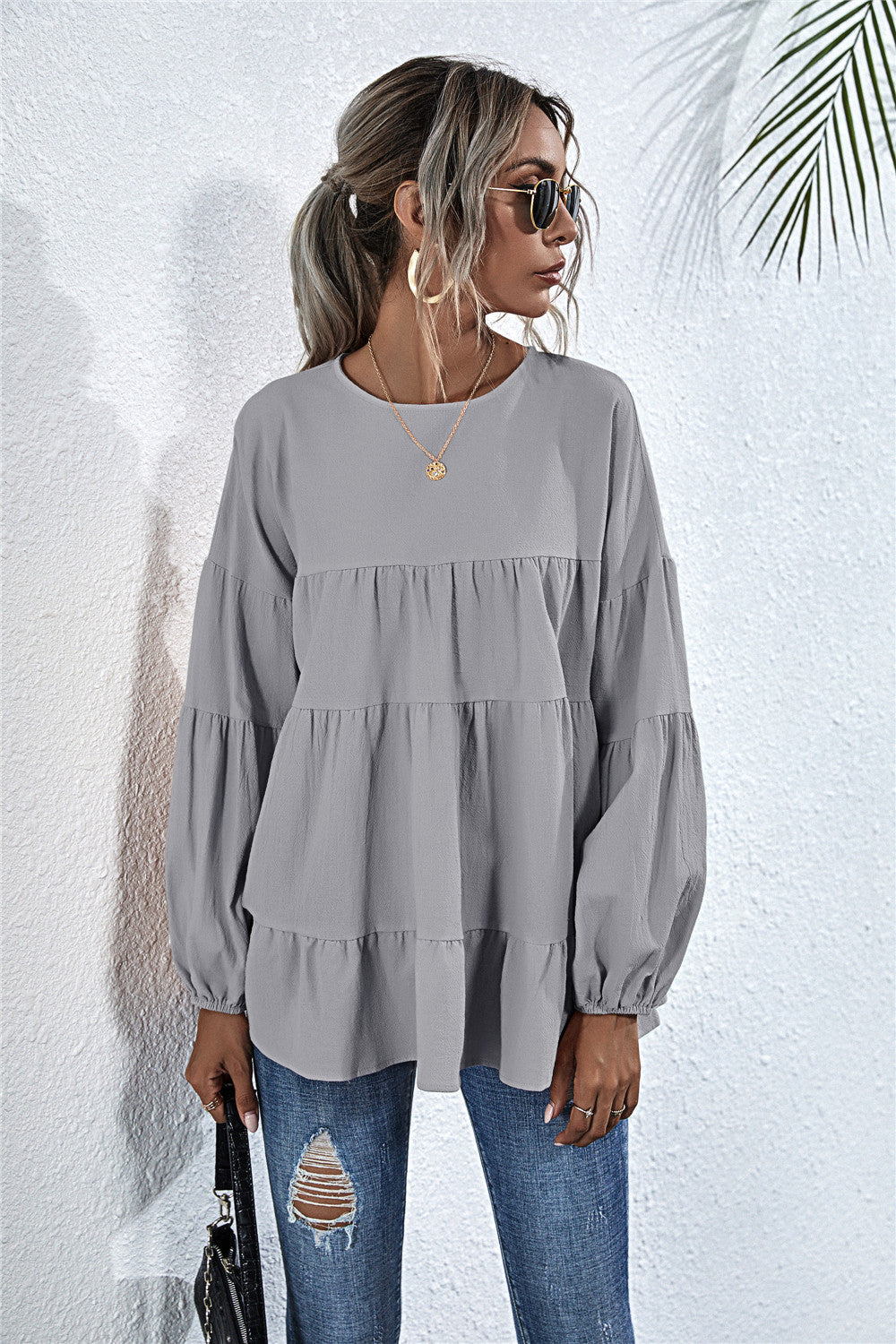 Round Neck Lantern Elastic Bubble Sleeve Blouses