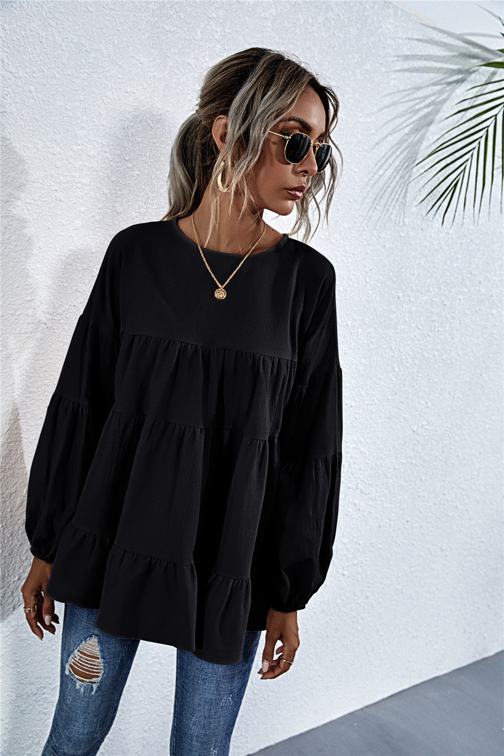 Round Neck Lantern Elastic Bubble Sleeve Blouses