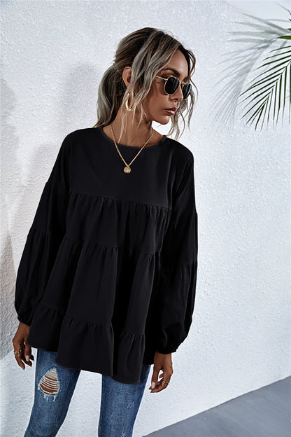 Round Neck Lantern Elastic Bubble Sleeve Blouses