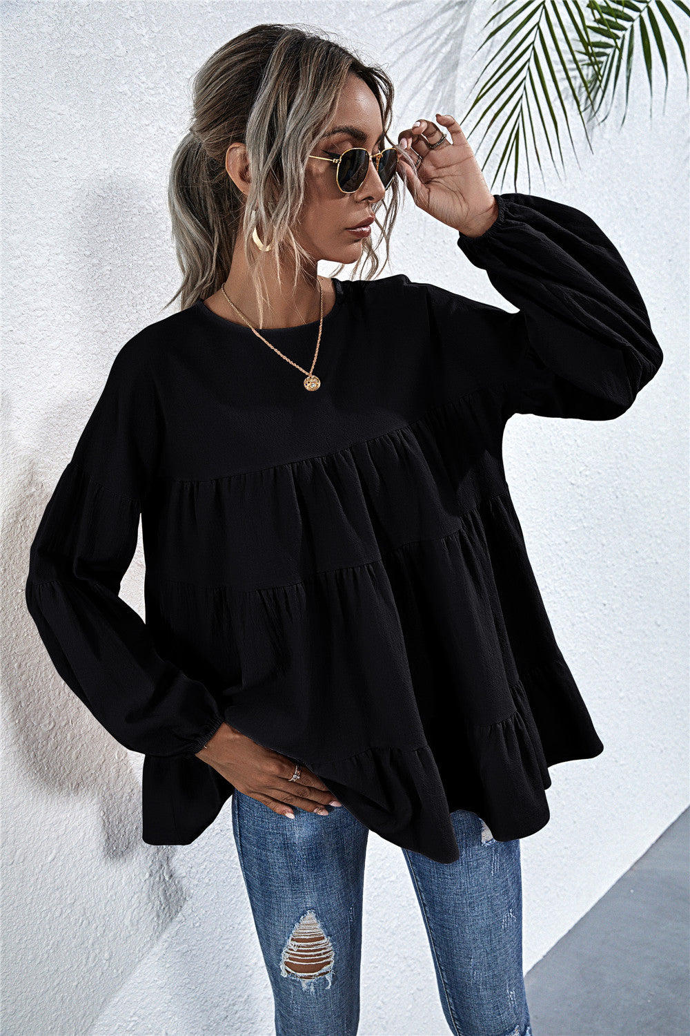 Round Neck Lantern Elastic Bubble Sleeve Blouses