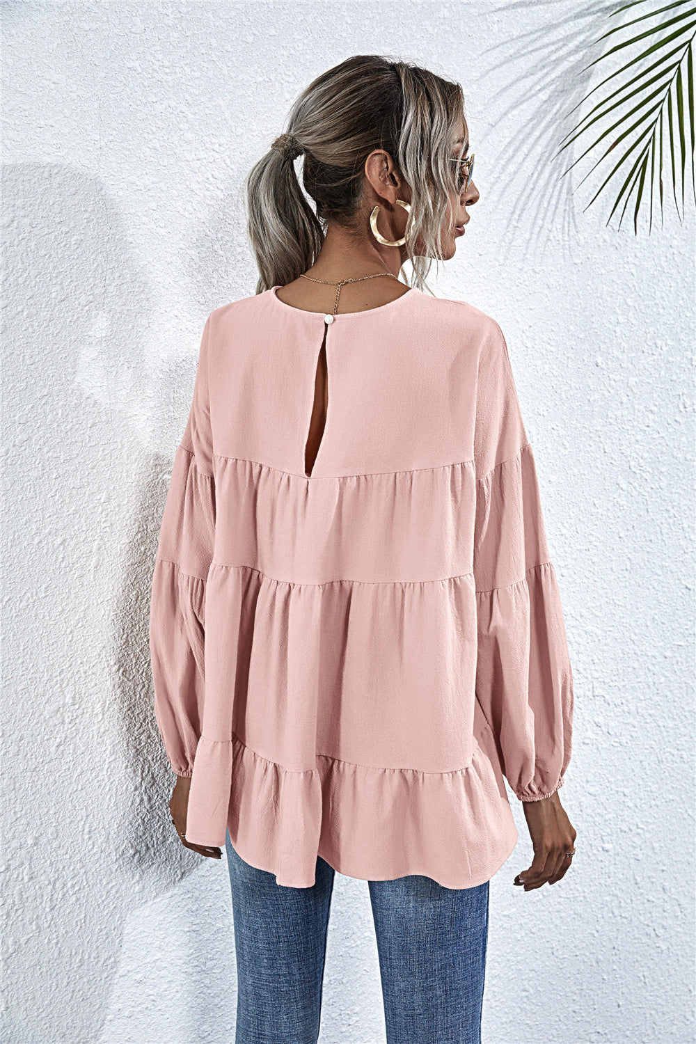 Round Neck Lantern Elastic Bubble Sleeve Blouses