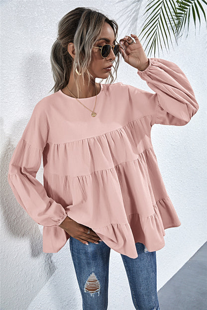 Round Neck Lantern Elastic Bubble Sleeve Blouses