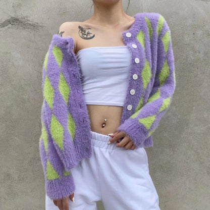 Knit Contrast Single-breasted Argyle Pattern Cardigans