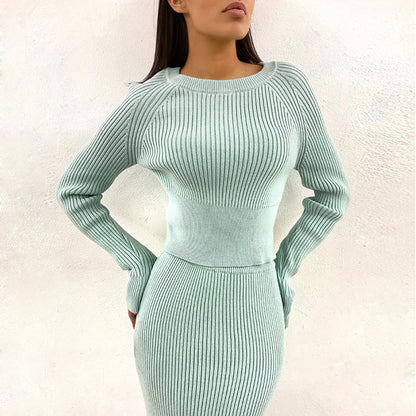 Splicing Elastic Waist Bodycon Sweater Dresses Crop Tops Skirt Two-piece