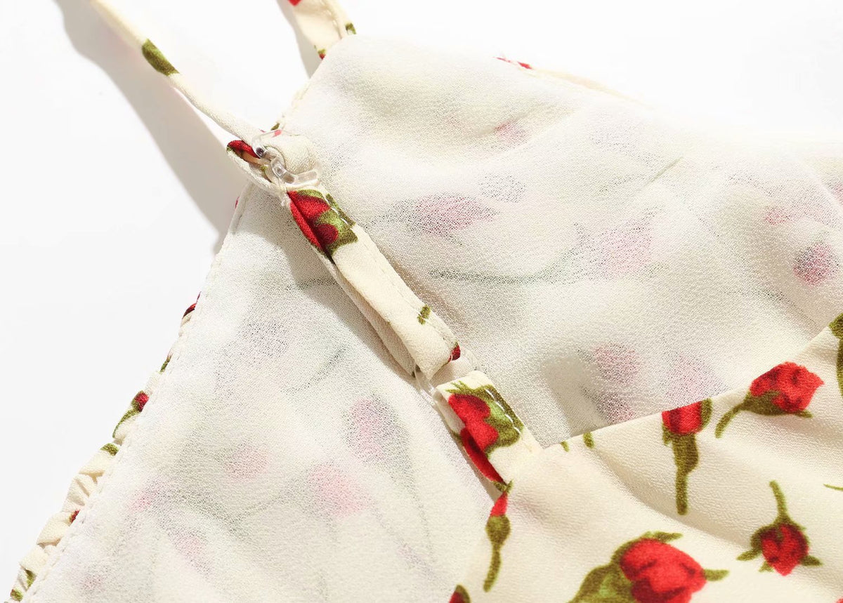 Backless Open Back Floral Printed Suspenders Midi Dress