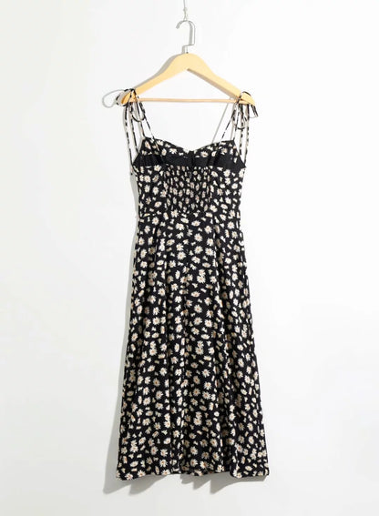 Vintage Floral Printed Suspenders Daisy Midi Dresses