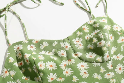 Vintage Floral Printed Suspenders Daisy Midi Dresses