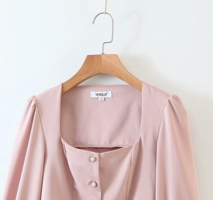 Square Collar Single-breasted Lantern Sleeve Shirts Blouses