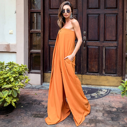 Tube Top Wide Leg Party Pocket Backless Zipper Jumpsuit Black