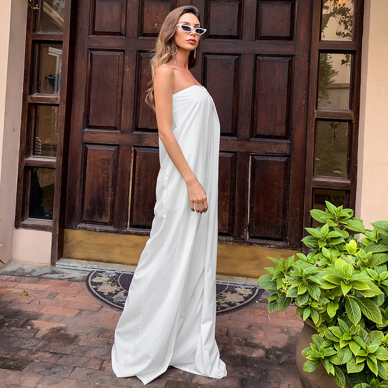 Tube Top Wide Leg Party Pocket Backless Zipper Jumpsuit Black