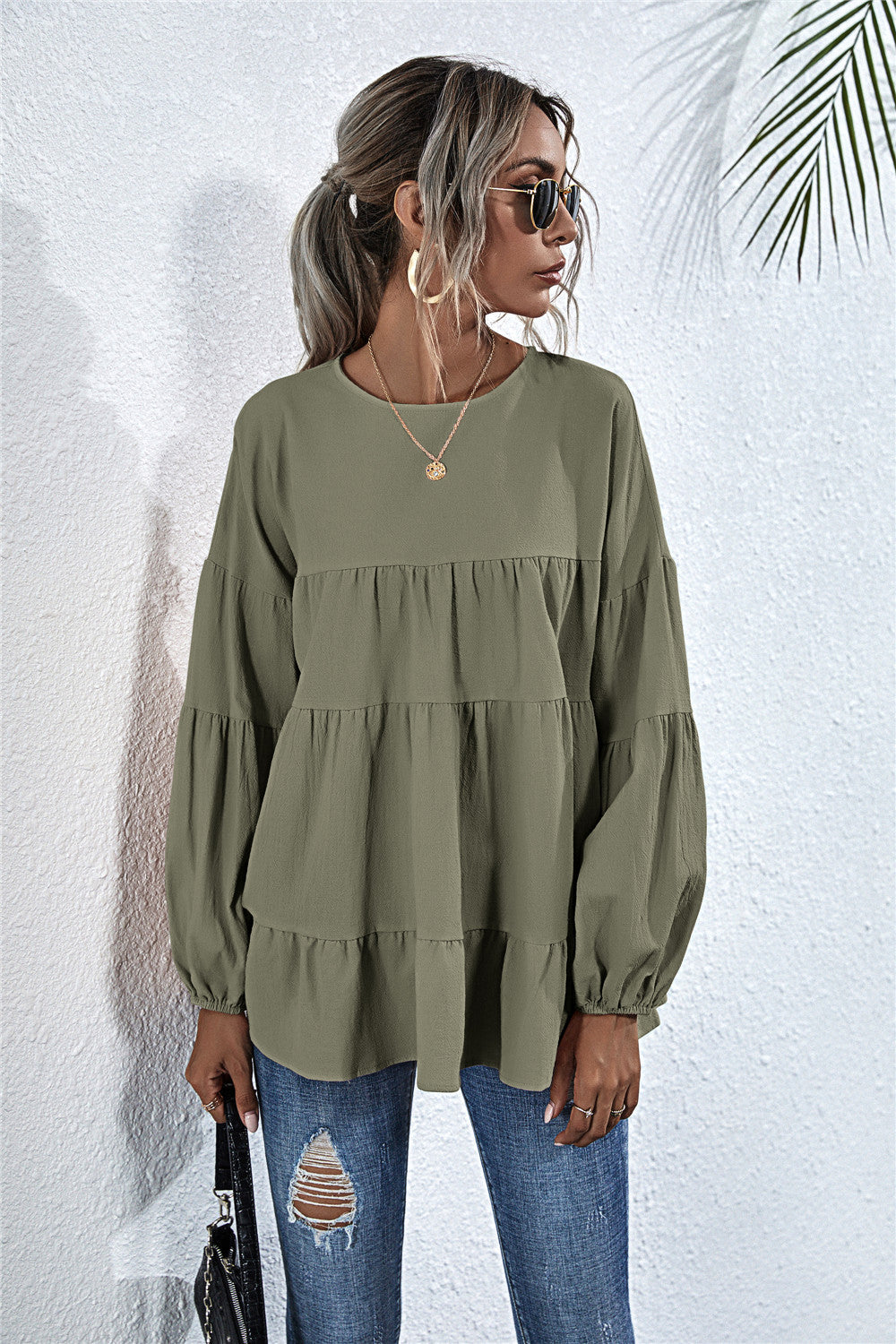 Round Neck Lantern Elastic Bubble Sleeve Blouses