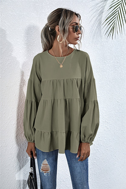 Round Neck Lantern Elastic Bubble Sleeve Blouses