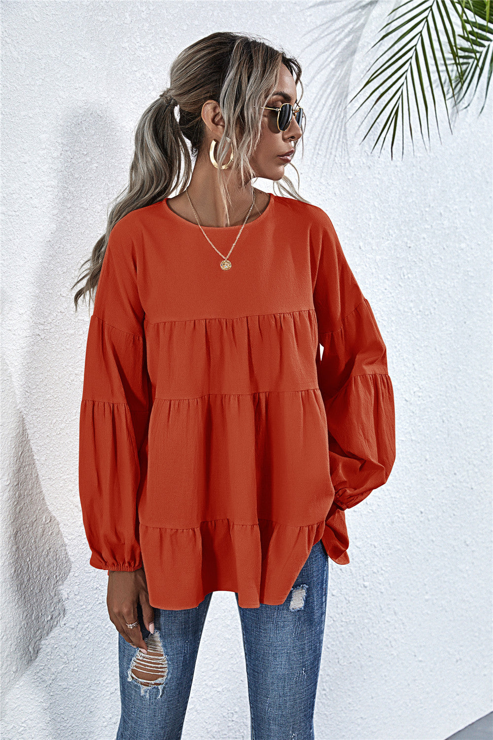 Round Neck Lantern Elastic Bubble Sleeve Blouses