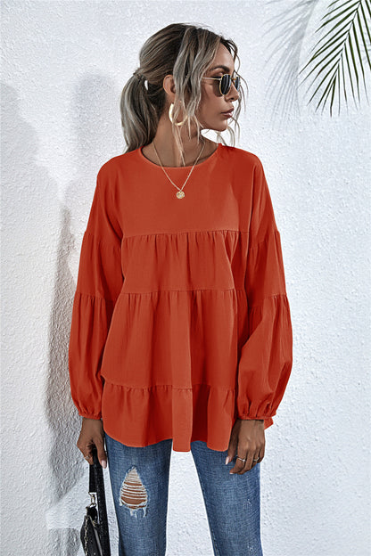 Round Neck Lantern Elastic Bubble Sleeve Blouses