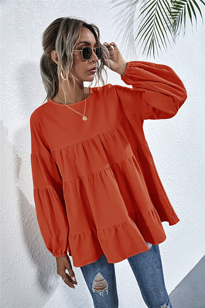 Round Neck Lantern Elastic Bubble Sleeve Blouses