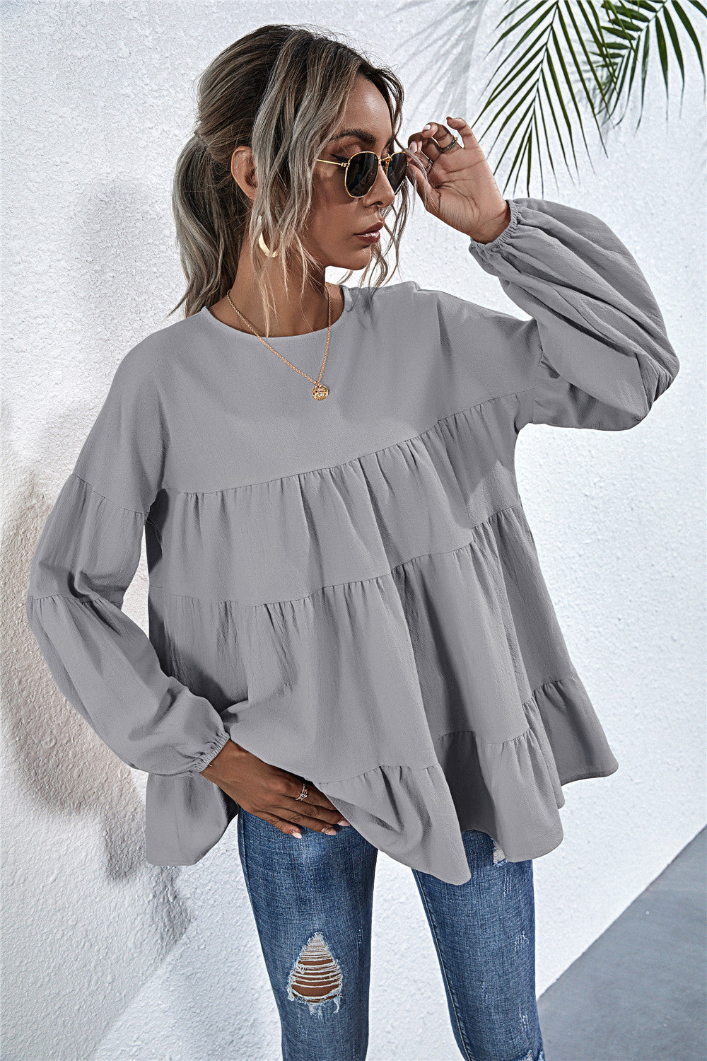 Round Neck Lantern Elastic Bubble Sleeve Blouses