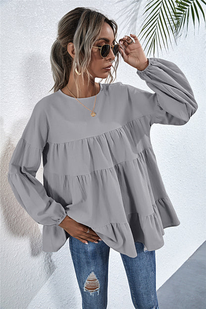 Round Neck Lantern Elastic Bubble Sleeve Blouses