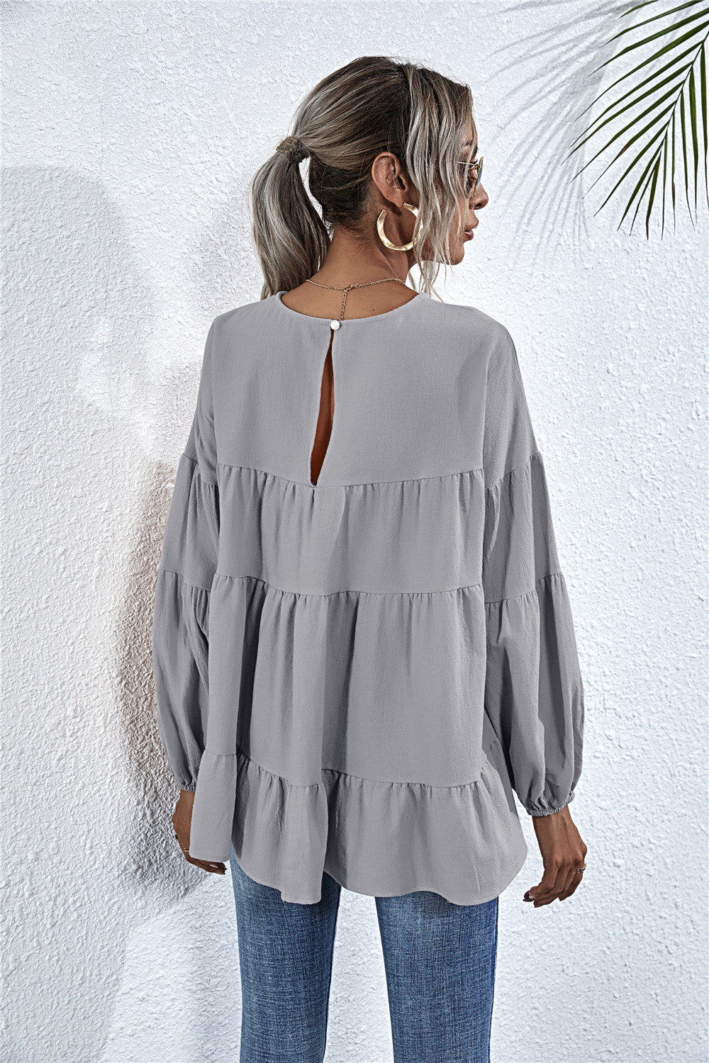 Round Neck Lantern Elastic Bubble Sleeve Blouses