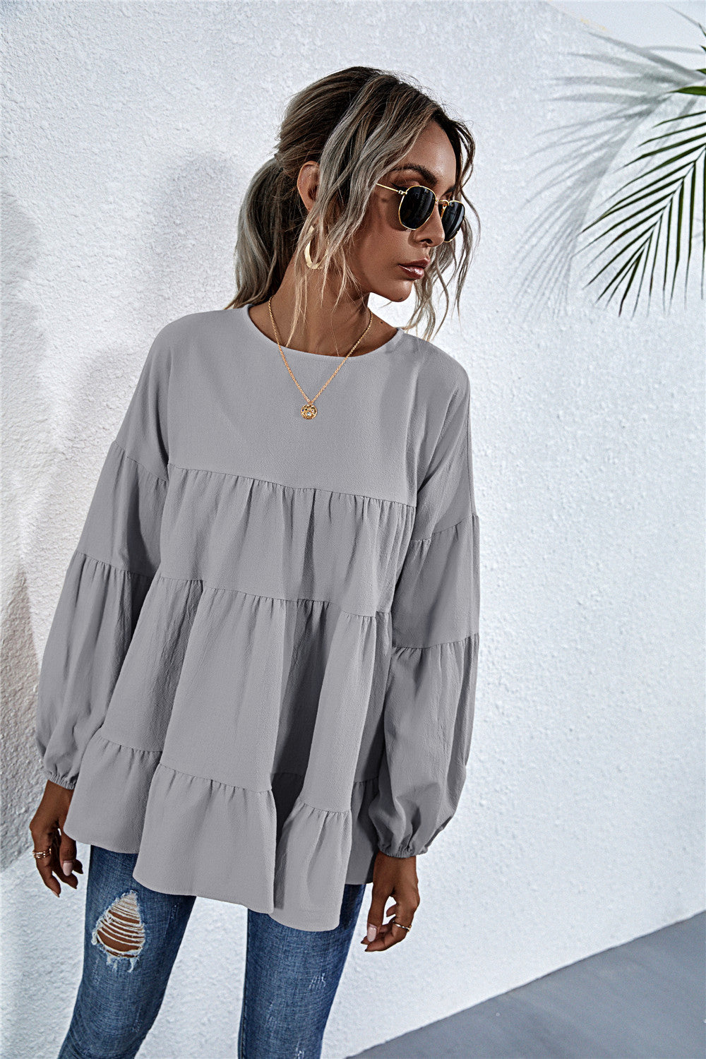 Round Neck Lantern Elastic Bubble Sleeve Blouses