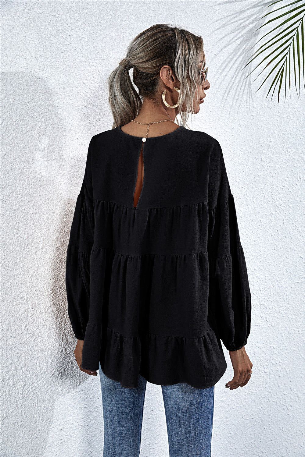 Round Neck Lantern Elastic Bubble Sleeve Blouses