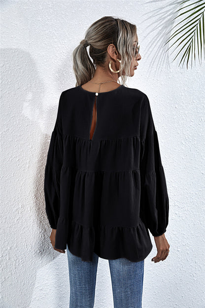 Round Neck Lantern Elastic Bubble Sleeve Blouses