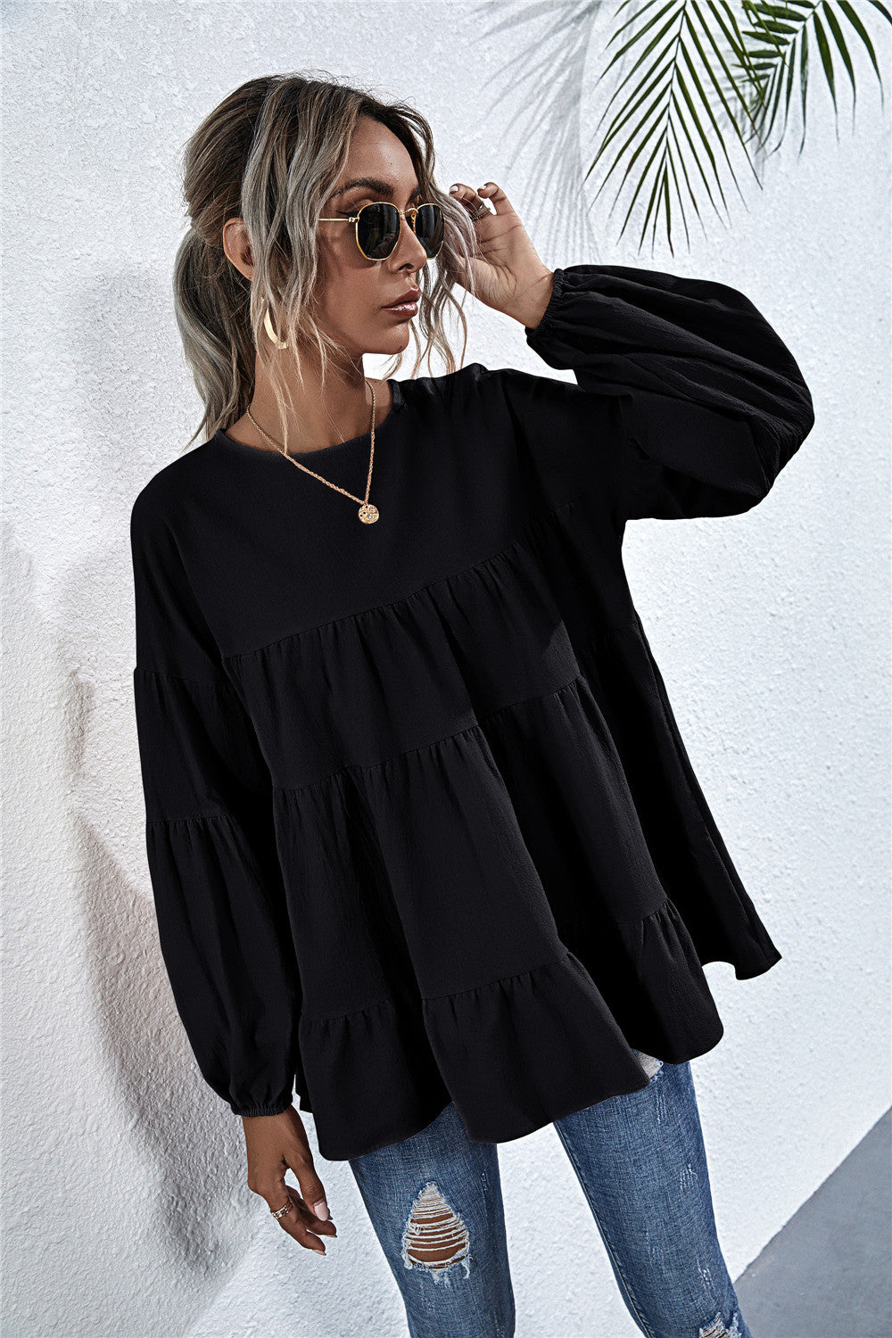 Round Neck Lantern Elastic Bubble Sleeve Blouses