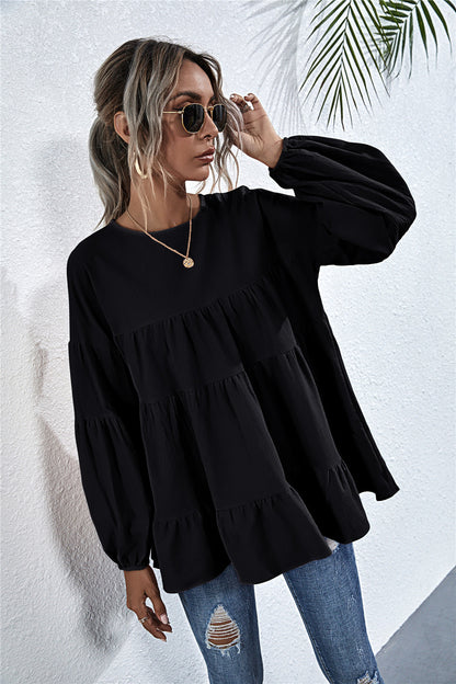 Round Neck Lantern Elastic Bubble Sleeve Blouses