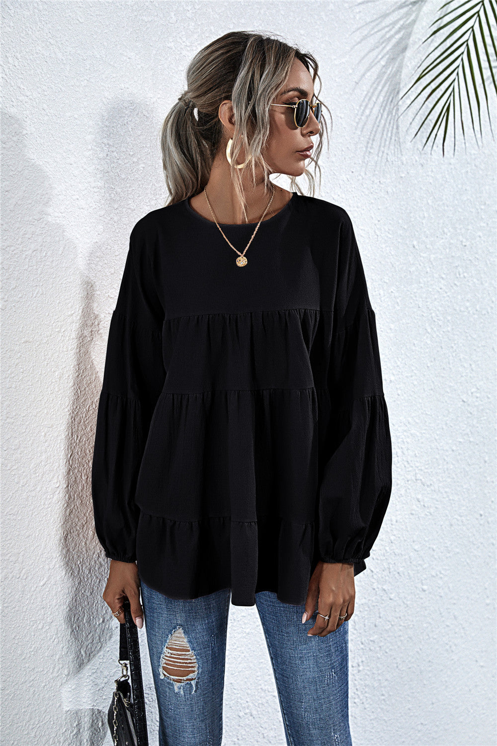 Round Neck Lantern Elastic Bubble Sleeve Blouses
