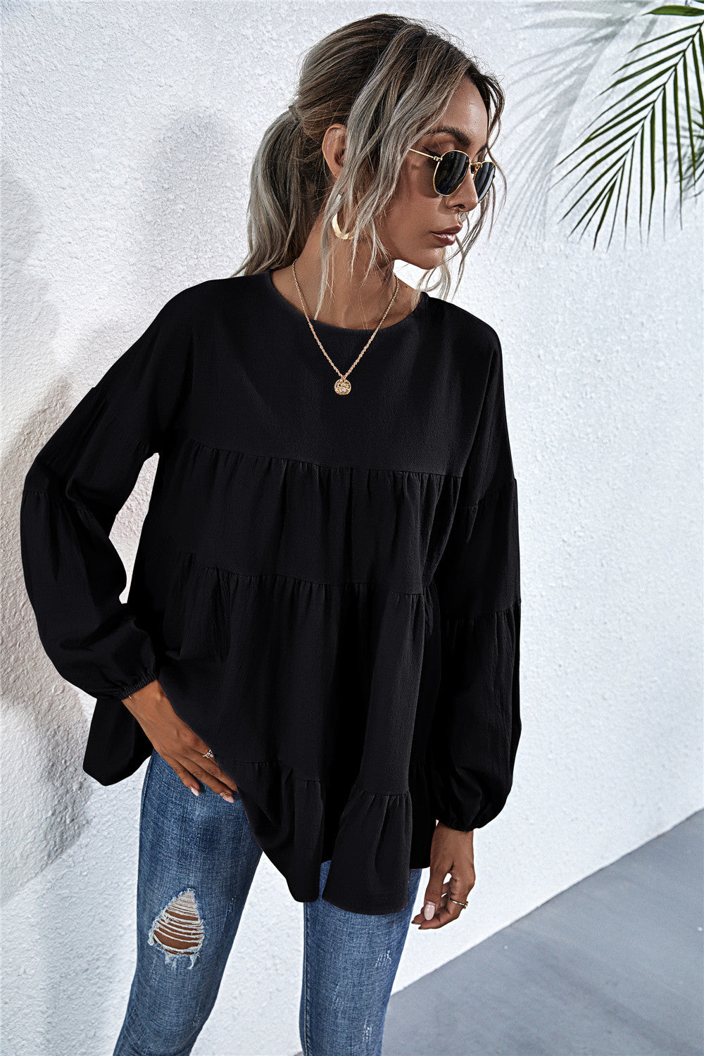 Round Neck Lantern Elastic Bubble Sleeve Blouses