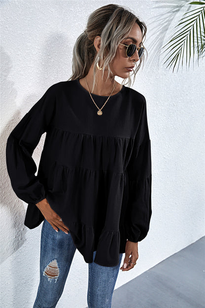 Round Neck Lantern Elastic Bubble Sleeve Blouses