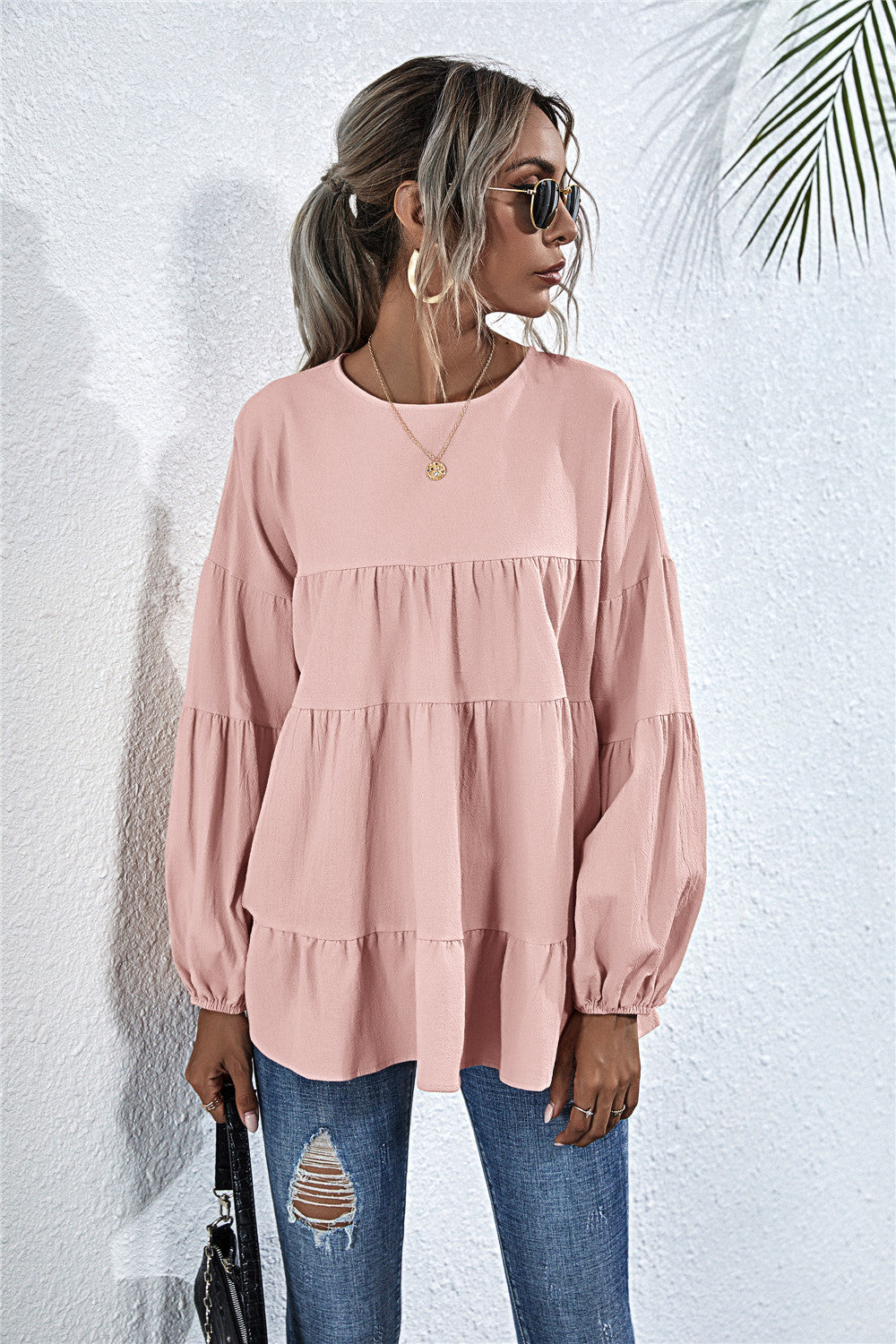 Round Neck Lantern Elastic Bubble Sleeve Blouses