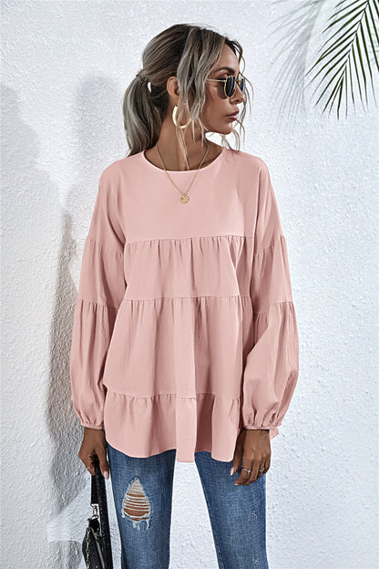 Round Neck Lantern Elastic Bubble Sleeve Blouses