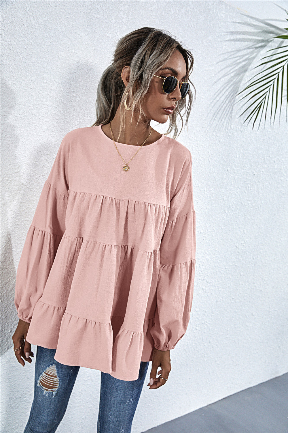 Round Neck Lantern Elastic Bubble Sleeve Blouses