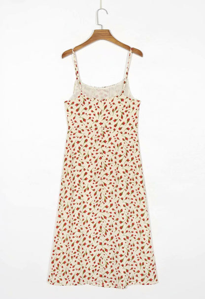 Backless Open Back Floral Printed Suspenders Midi Dress